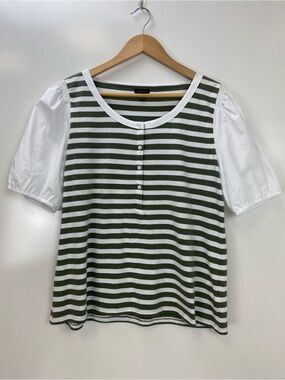 Talbots Olive Green and White Striped Puff-Sleeve Tee